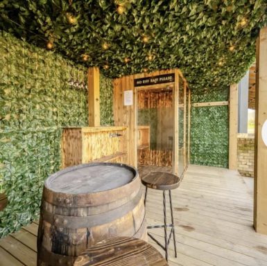 Interior of a themed space with greenery, wood accents, and rustic furnishings.